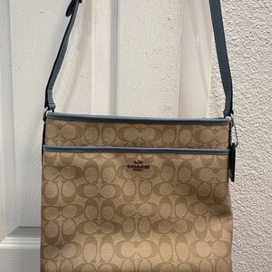 Coach Khaki Signature Crossbody with Slate Blue Trim